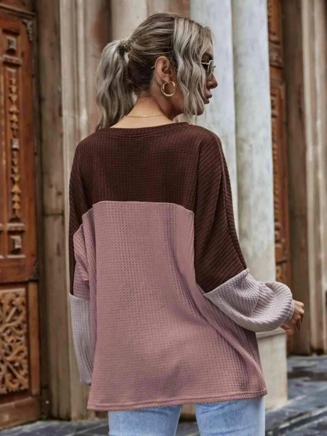 Color Block Waffle-Knit Long Sleeve Top Women's T-Shirts - Tophatter Daily Deals