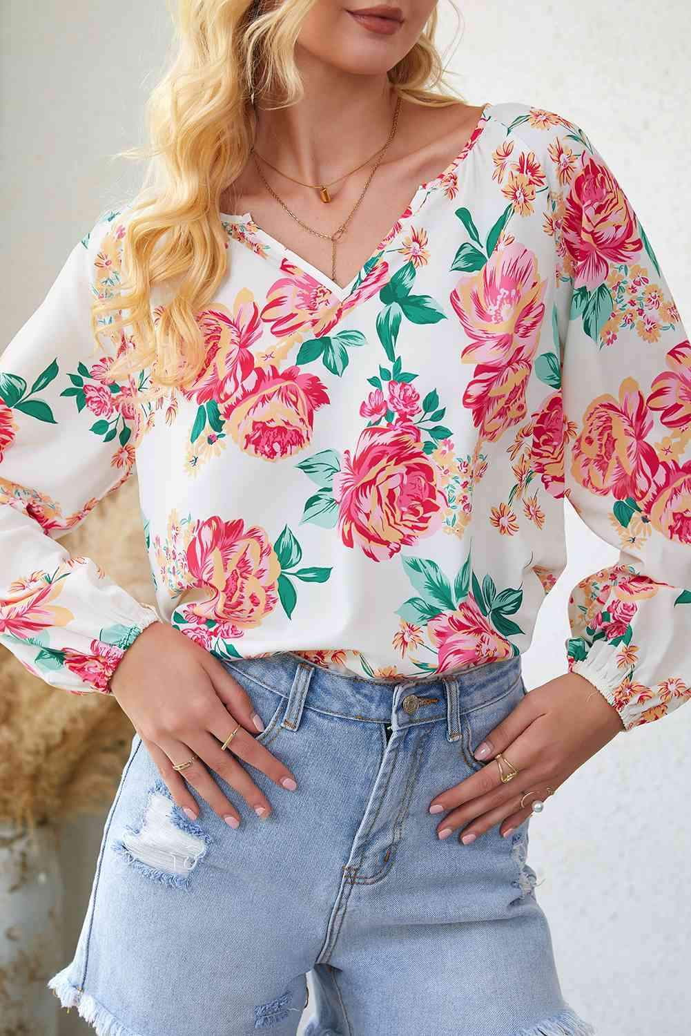 Double Take Floral Notched Neck Long Sleeve Blouse Blouses - Tophatter Daily Deals