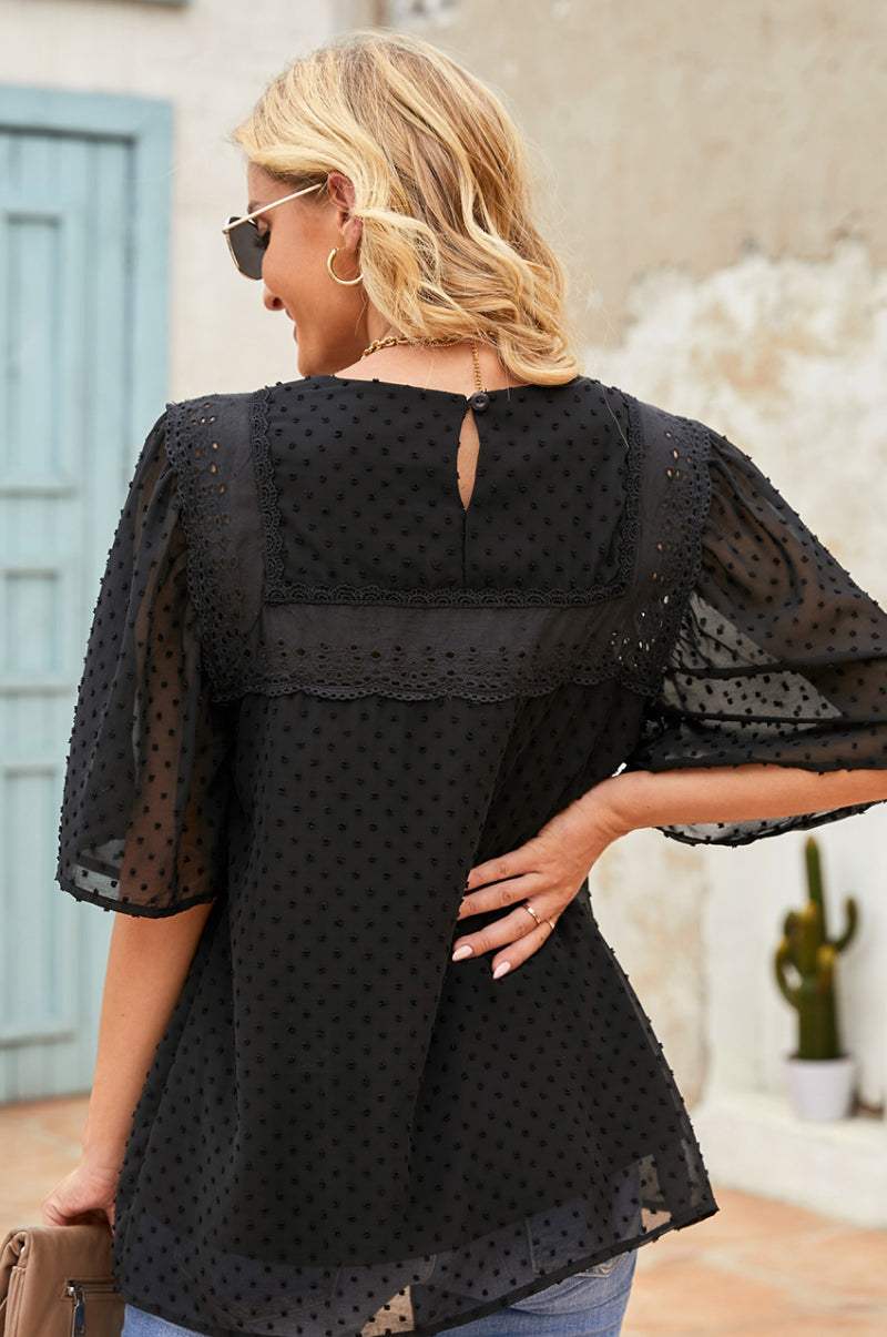 Flutter Sheer Sleeves Babydoll Top Blouses - Tophatter Daily Deals