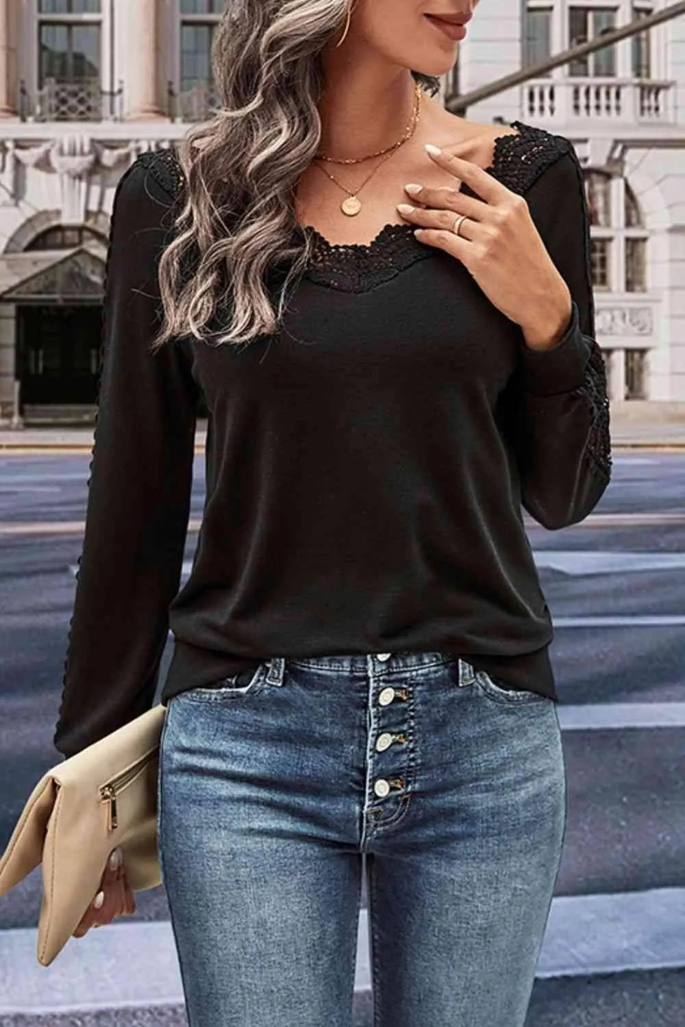 V-Neck Long Sleeve Lace Trim Blouse Blouses - Tophatter Daily Deals