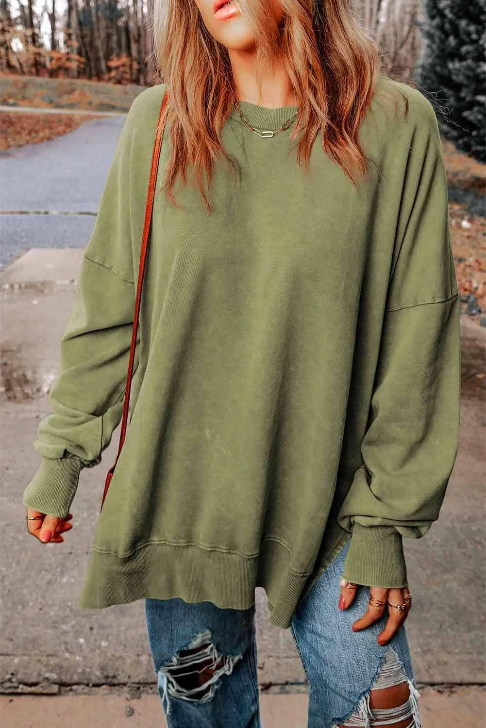 Dropped Shoulder Round Neck Long Sleeve Blouse Sage Blouses - Tophatter Daily Deals