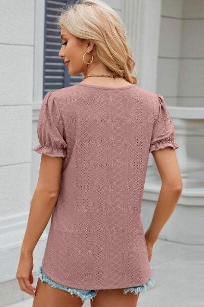 Eyelet Round Neck Flounce Sleeve T-Shirt Women's T-Shirts - Tophatter Daily Deals