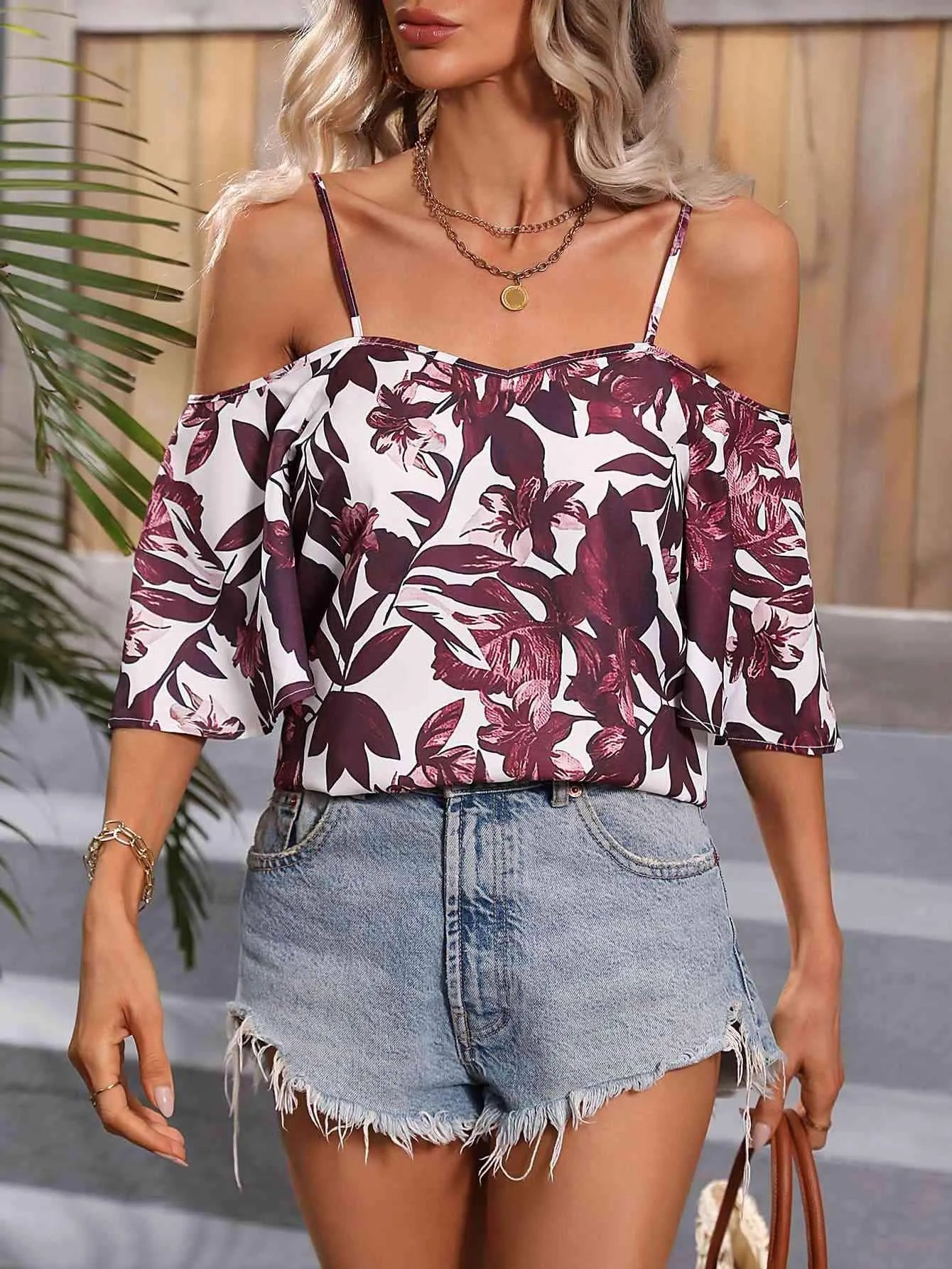 Floral Spaghetti Strap Cold-Shoulder Blouse Wine Blouses - Tophatter Daily Deals