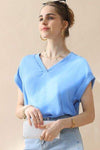 Ninexis V-Neck Trim Rolled Short Sleeve Shirt BLUE Blouses - Tophatter Daily Deals