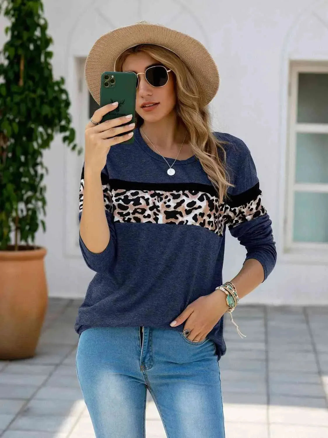 Leopard Round Neck Long Sleeve T-Shirt Women's T-Shirts - Tophatter Daily Deals