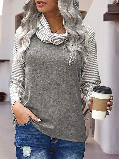 Striped Turtleneck Long Sleeve T-Shirt Heather Gray Women's T-Shirts - Tophatter Daily Deals