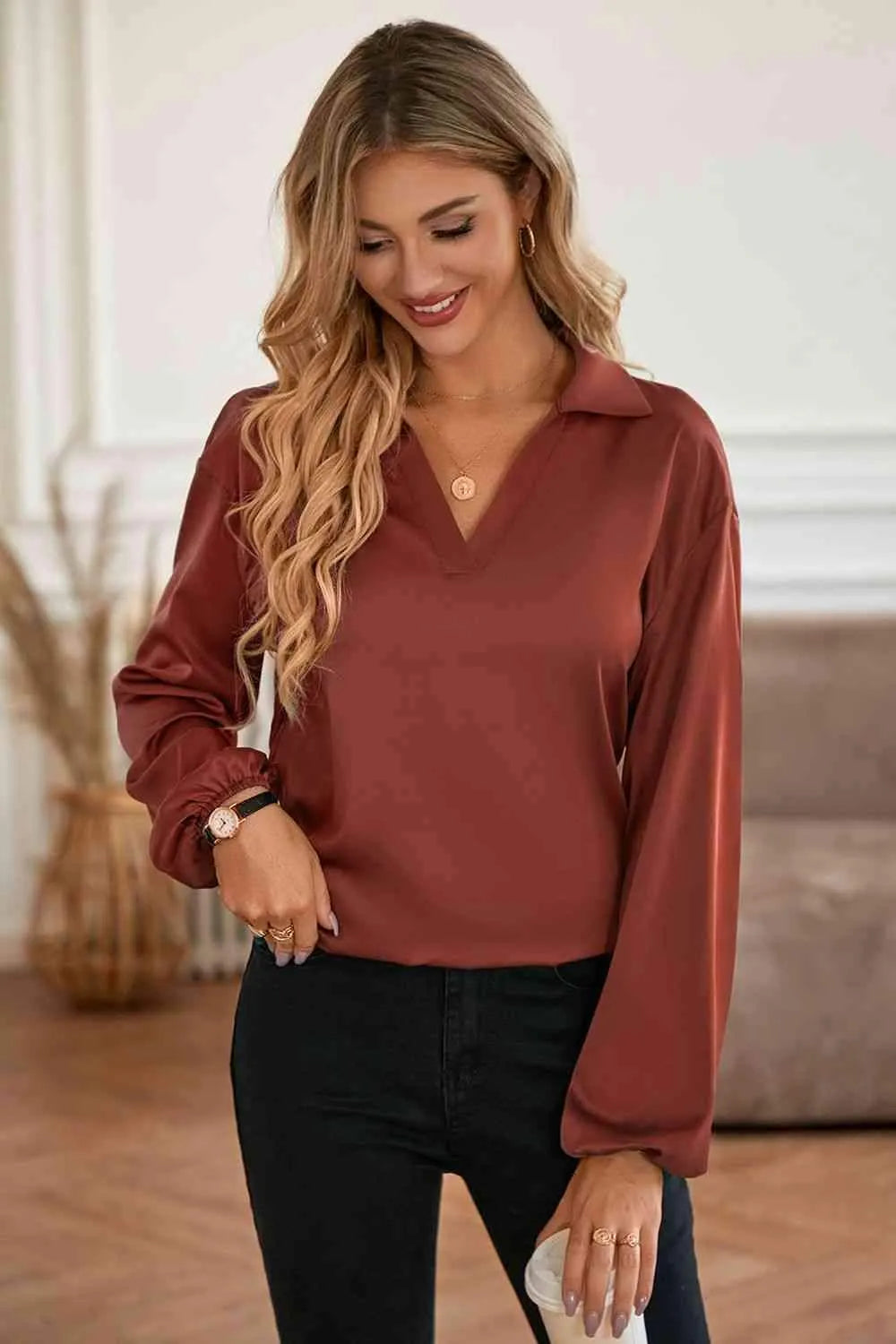 Johnny Collar Lantern Sleeve Blouse Blouses - Tophatter Daily Deals