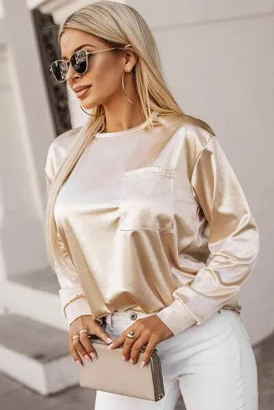 Round Neck Long Sleeve Blouse Blouses - Tophatter Daily Deals
