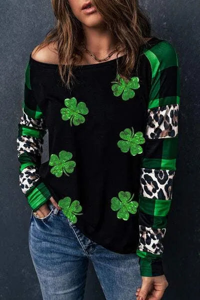 Lucky Clover Plaid Long Sleeve T-Shirt Black Women's T-Shirts - Tophatter Daily Deals
