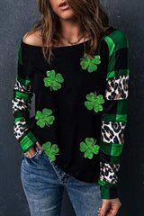 Lucky Clover Plaid Long Sleeve T-Shirt Black Women's T-Shirts - Tophatter Daily Deals