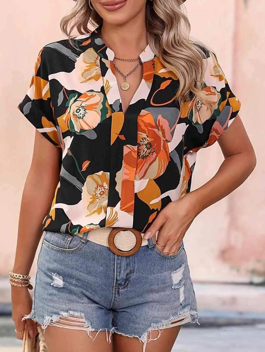 Printed Notched Neck Short Sleeve Blouse Blouses - Tophatter Daily Deals
