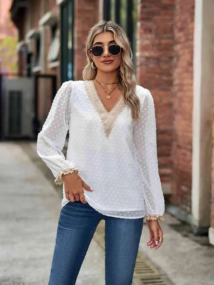 Swiss Dot V-Neck Long Sleeve Blouse Blouses - Tophatter Daily Deals