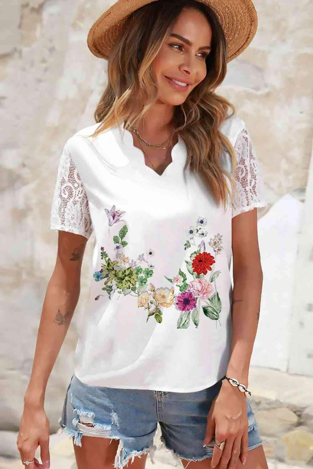 Floral Graphic Scalloped V-Neck Top Blouses - Tophatter Daily Deals