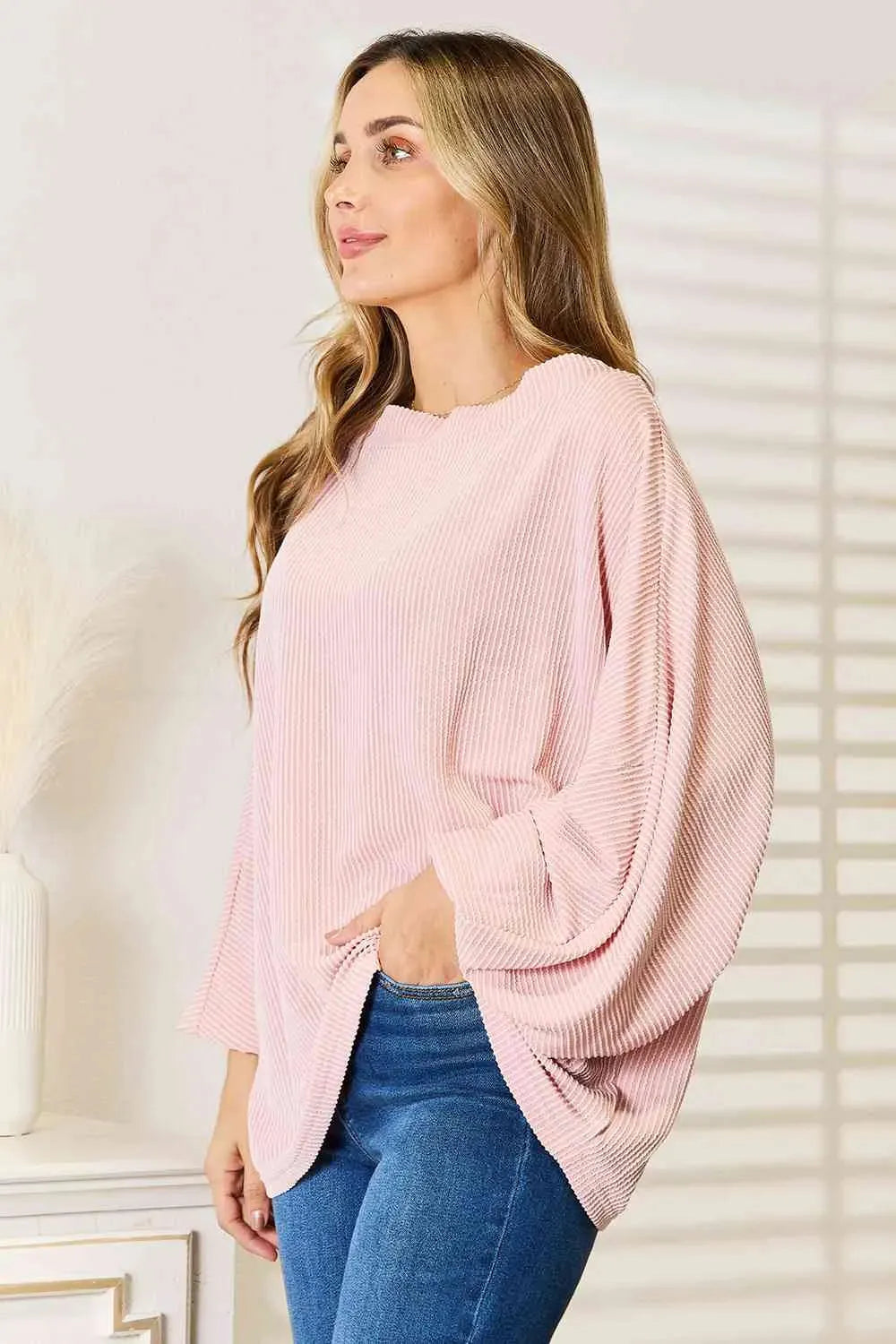 Double Take Ribbed Long Sleeve Top Blouses - Tophatter Daily Deals