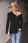 Waffle-Knit Button Detail V-Neck Top Black Blouses - Tophatter Daily Deals