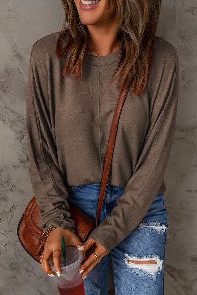 Seam Detail Round Neck Long Sleeve Top Taupe Women's T-Shirts - Tophatter Daily Deals