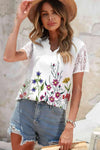 Floral Graphic Scalloped V-Neck Top Blouses - Tophatter Daily Deals