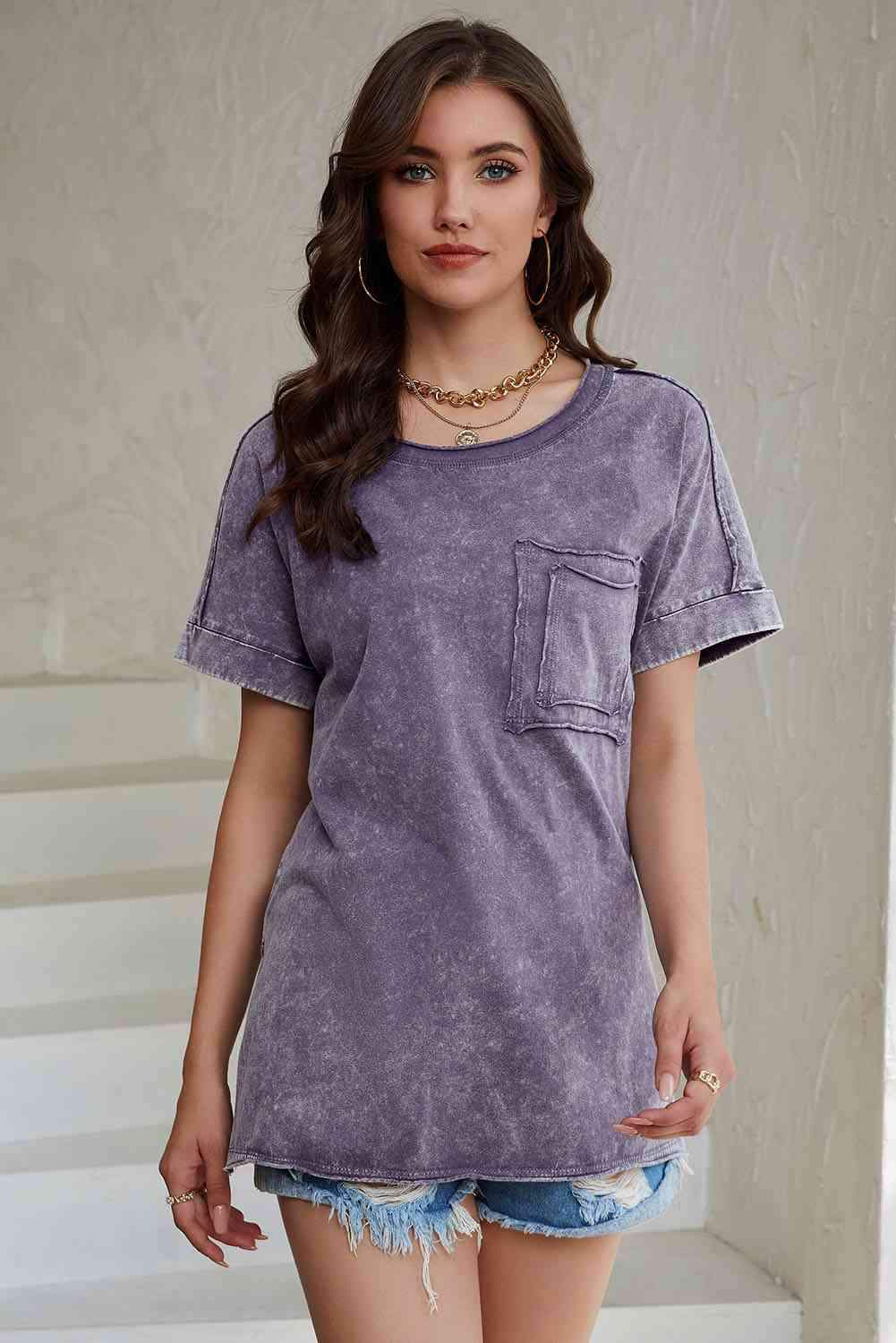 Mineral Wash Round Neck Short Sleeve Blouse Blouses - Tophatter Daily Deals