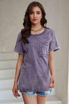 Mineral Wash Round Neck Short Sleeve Blouse Blouses - Tophatter Daily Deals