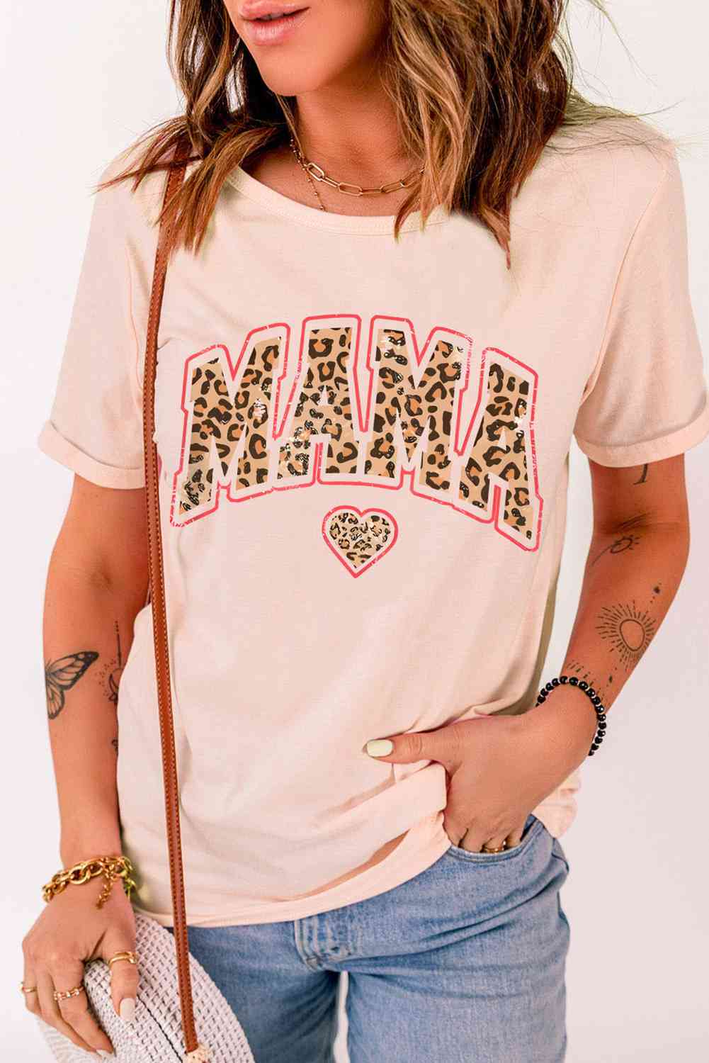 MAMA Heart Graphic Round Neck Tee Peach Women's T-Shirts - Tophatter Daily Deals