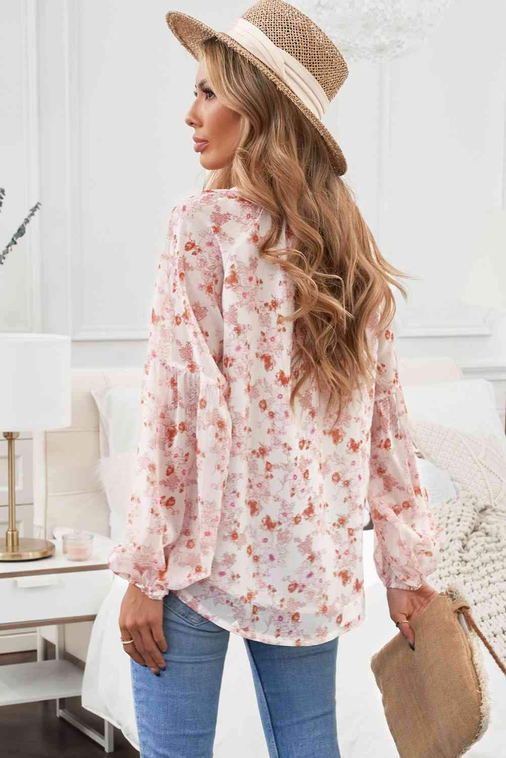 Floral Balloon Sleeve Notched Neck Blouse Blouses - Tophatter Daily Deals