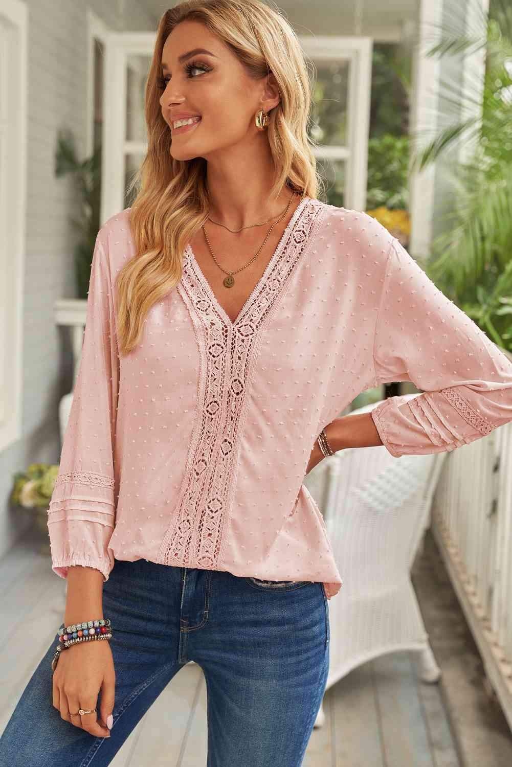 Swiss Dot Three-Quarter Sleeve Spliced Lace Blouse Blouses - Tophatter Daily Deals