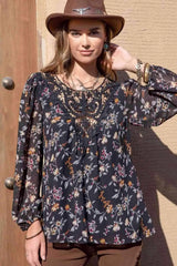 Printed Round Neck Long Sleeve Blouse Blouses - Tophatter Daily Deals