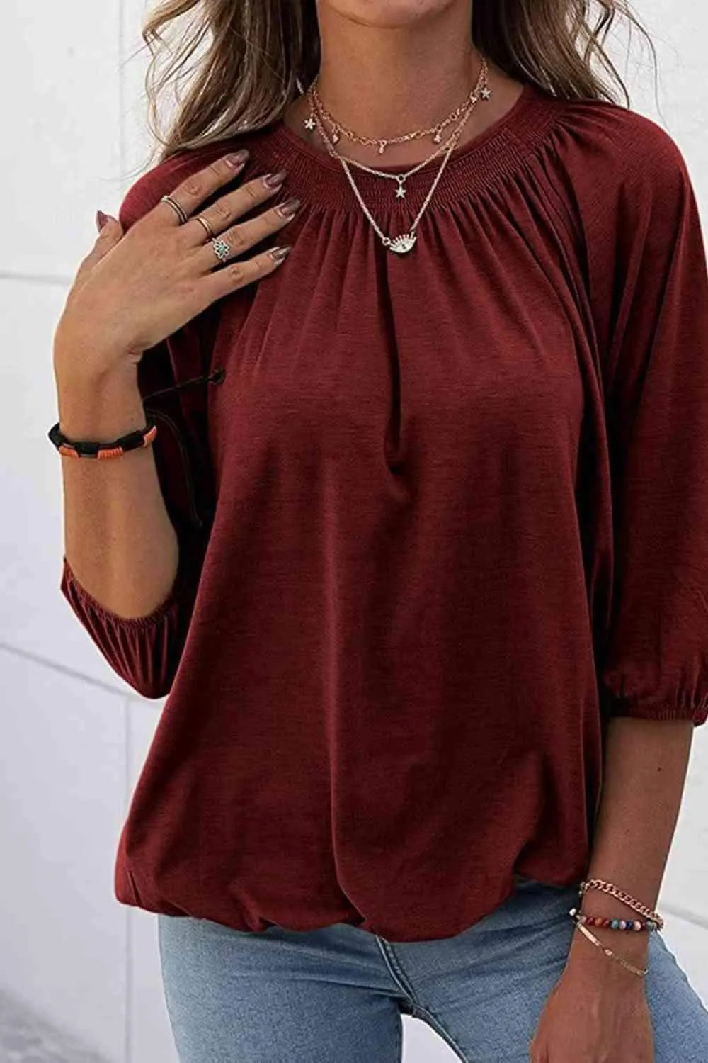 Gathered Detail Round Neck T-Shirt Wine Women's T-Shirts - Tophatter Daily Deals