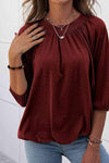 Gathered Detail Round Neck T-Shirt Wine Women's T-Shirts - Tophatter Daily Deals