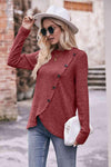 Double Take Ribbed Round Neck Buttoned Long Sleeve Tee Women's T-Shirts - Tophatter Daily Deals