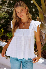 Plaid Square Neck Button Down Babydoll Top White Blouses - Tophatter Daily Deals