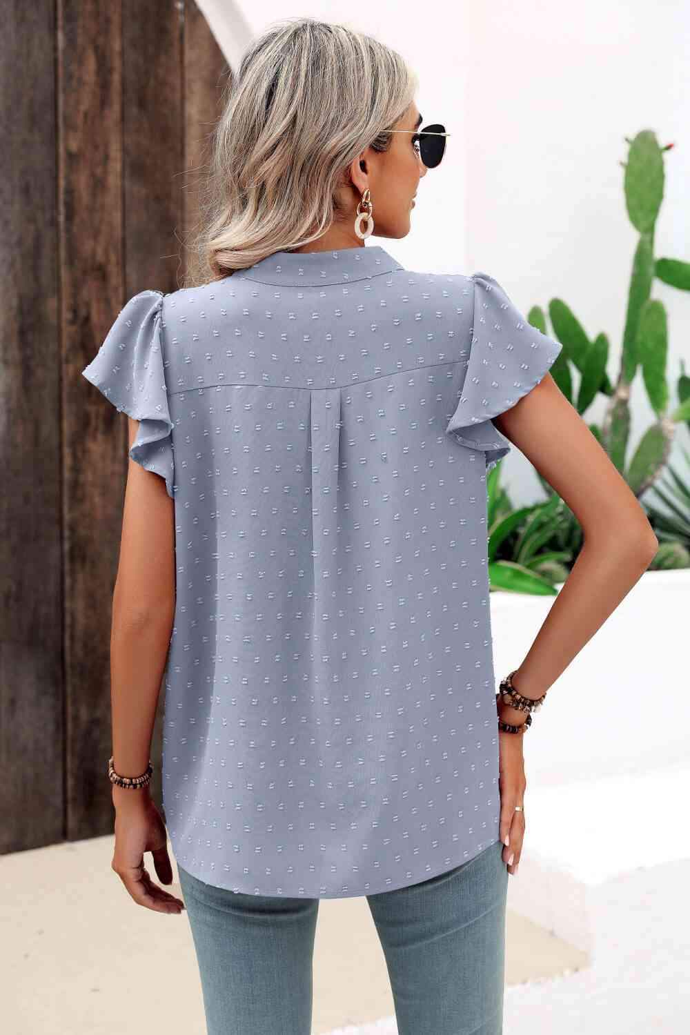 Swiss Dot Flutter Sleeve Notched Neck Blouse Blouses - Tophatter Daily Deals