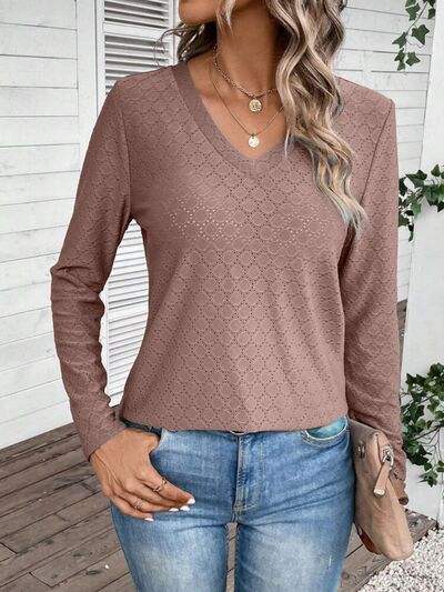 Eyelet V-Neck Long Sleeve T-Shirt Light Mauve Women's T-Shirts - Tophatter Daily Deals