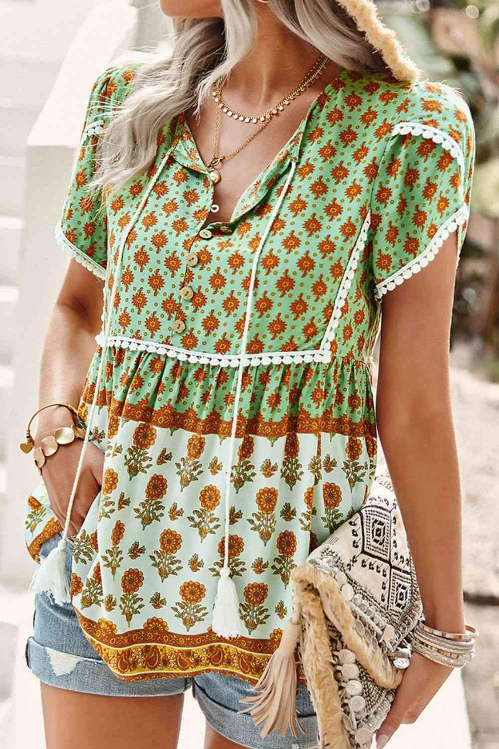 Bohemian Tie Neck Buttoned Blouse Blouses - Tophatter Daily Deals