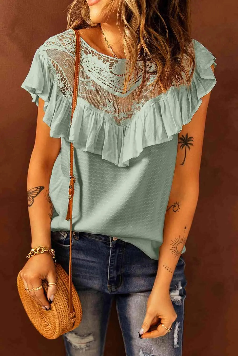 Lace Ruffled Short Sleeve T-Shirt Mint Blouses - Tophatter Daily Deals
