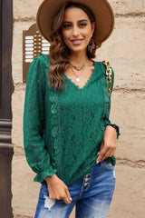 Lace Crochet V-Neck Flounce Sleeve Top Green Blouses - Tophatter Daily Deals