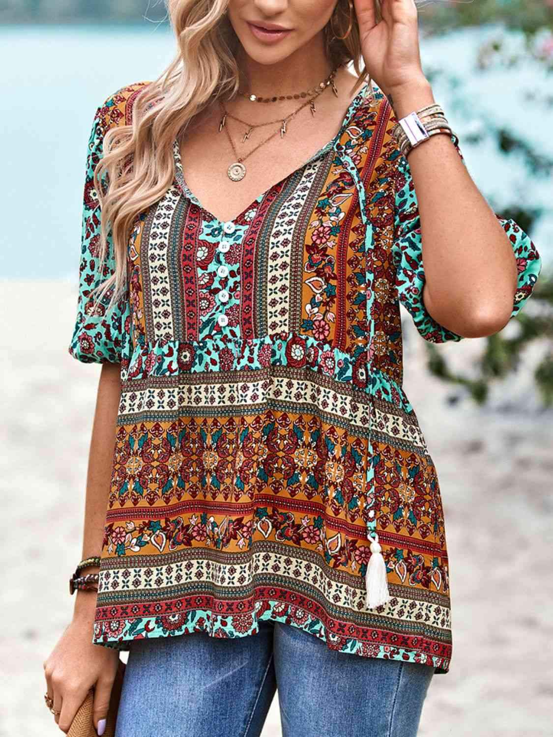 Bohemian Tie Neck Babydoll Blouse Blouses - Tophatter Daily Deals