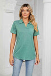 Curved Hem Johnny Collar Polo Shirt Green Blouses - Tophatter Daily Deals