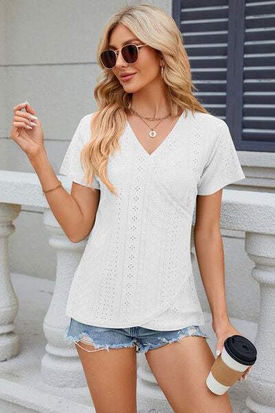 Eyelet Surplice Short Sleeve T-Shirt Women's T-Shirts - Tophatter Daily Deals