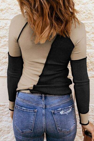 Color Block Round Neck Long Sleeve T-Shirt Women's T-Shirts - Tophatter Daily Deals