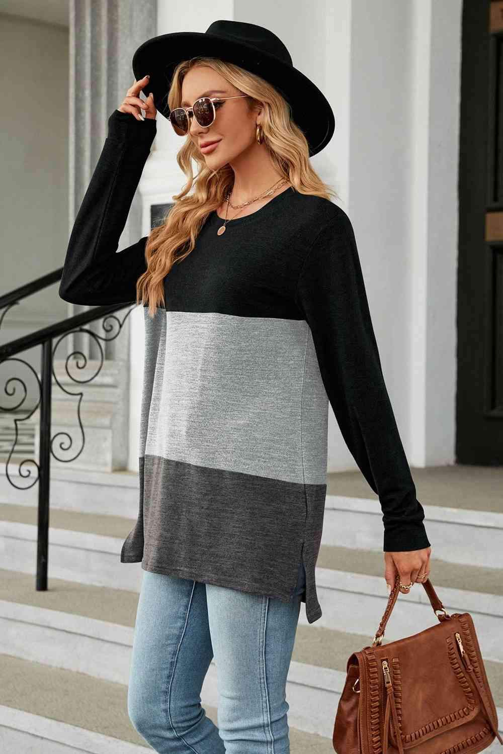 Color Block Round Neck Long Sleeve Slit T-Shirt Women's T-Shirts - Tophatter Daily Deals