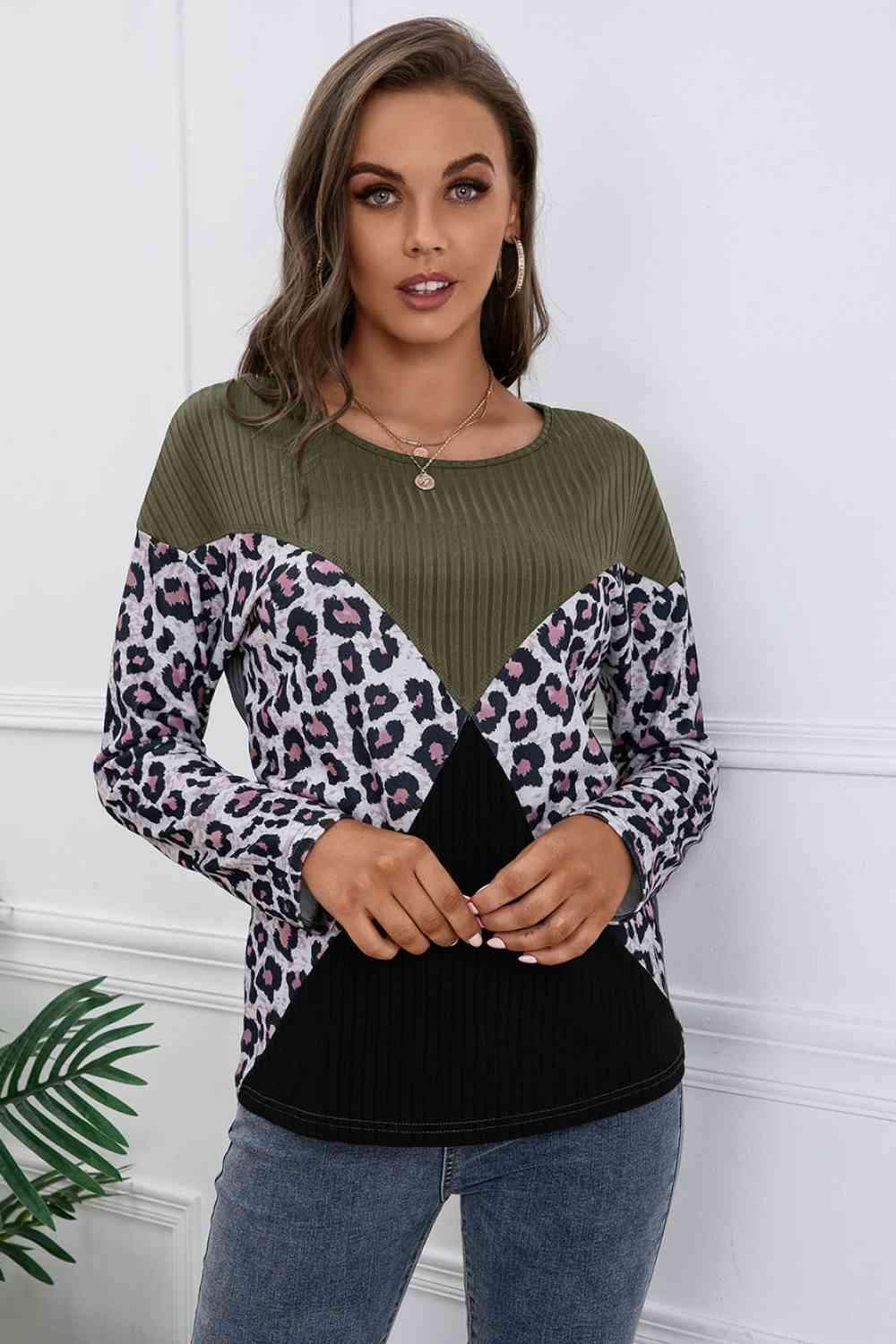 Leopard Patch Color Block Ribbed Top Blouses - Tophatter Daily Deals