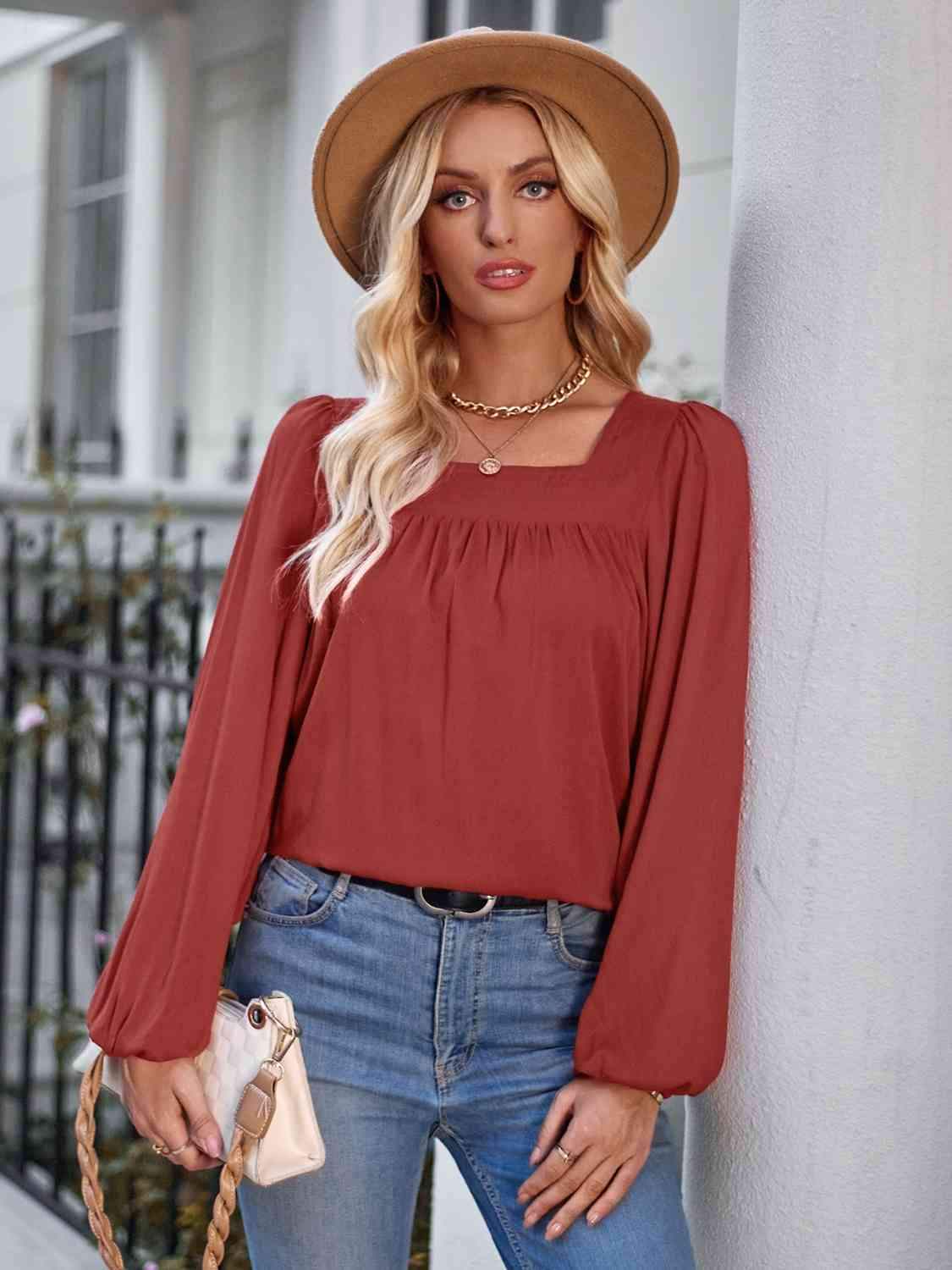 Square Neck Puff Sleeve Top Brick Red Blouses - Tophatter Daily Deals