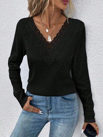 Waffle-Knit Lace Detail V-Neck Long Sleeve T-Shirt Black Women's T-Shirts - Tophatter Daily Deals