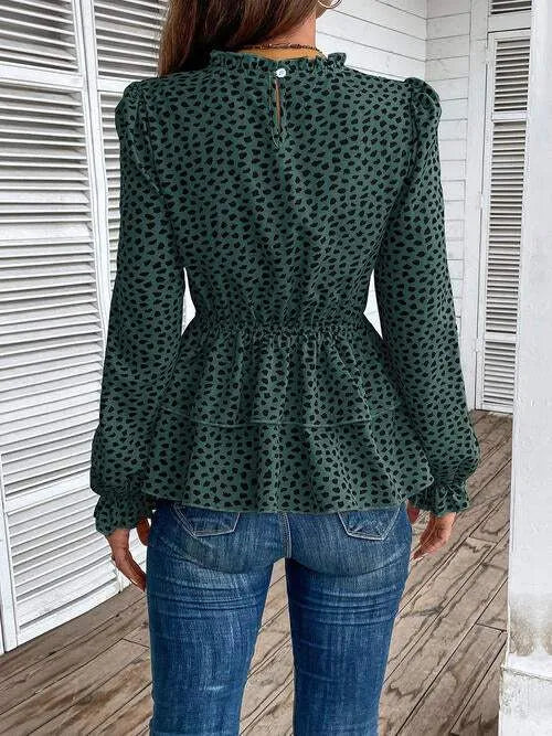 Printed Round Neck Smocked Flounce Sleeve T-Shirt Blouses - Tophatter Daily Deals
