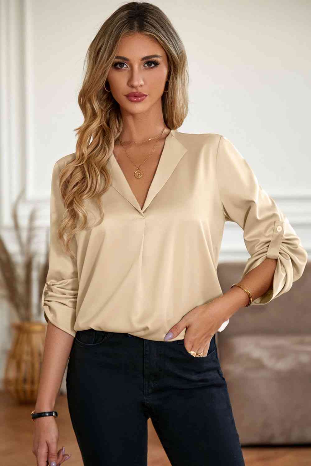 Roll-Tab Sleeve Collared Neck Blouse - Tophatter Deals