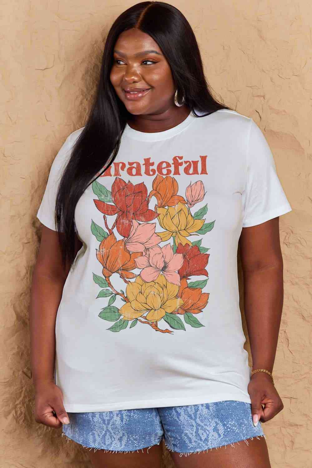 Simply Love Full Size GRATEFUL Flower Graphic Cotton T-Shirt Bleach Women's T-Shirts - Tophatter Daily Deals