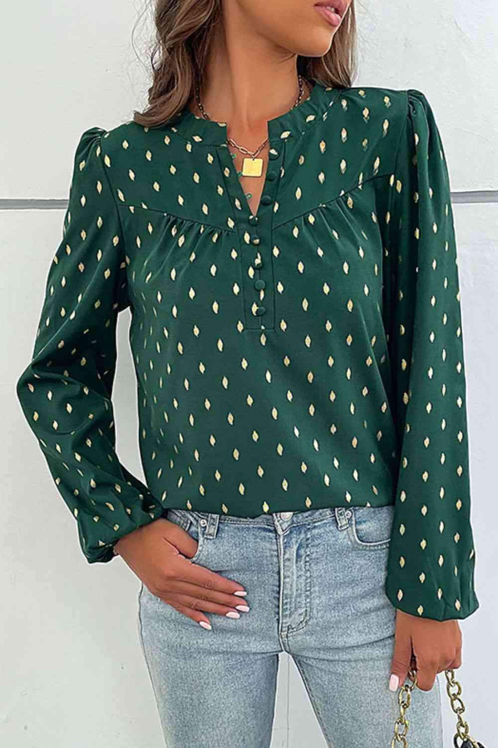 Printed Buttoned Puff Sleeve Blouse Green Blouses - Tophatter Daily Deals