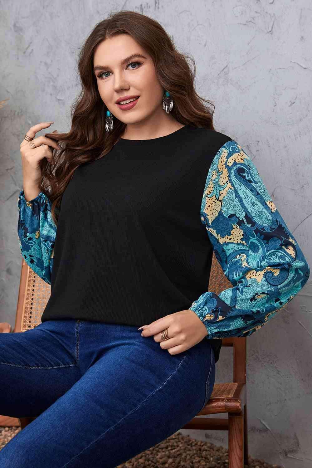 Melo Apparel Plus Size Printed Sleeve Round Neck Blouse Blouses - Tophatter Daily Deals