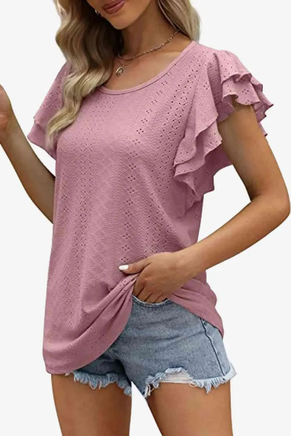 Round Neck Layered Flutter Sleeve Blouse Blouses - Tophatter Daily Deals